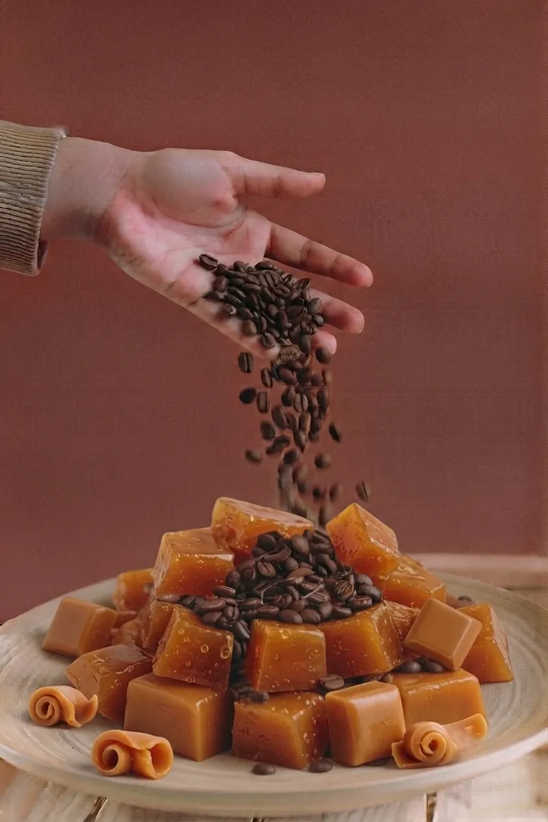 Hand pouring coffee beans over a pile of caramel cubes